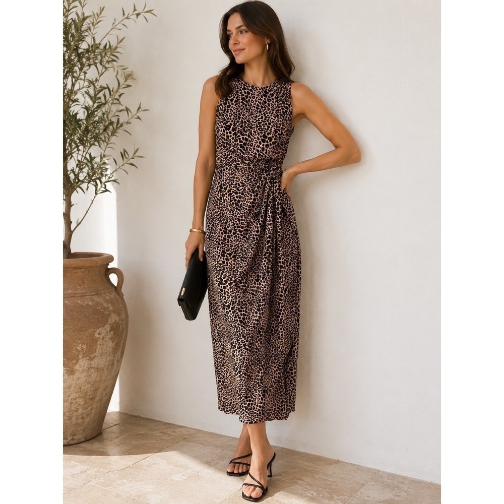 Spenser Jeremy Size 12 Leopard Print Silk Ankle Length Dress Sash Tie